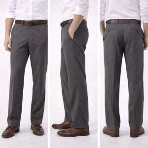 Paul Stuart Mens Grey Wool Dress Pants Straight Leg Flat Front Trousers 34x30